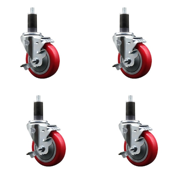 Service Caster 4'' Red Poly Swivel 1-1/4'' Expanding Stem Caster Set with Brake, 4PK SCC-EX20S414-PPUB-RED-TLB-114-4 - main